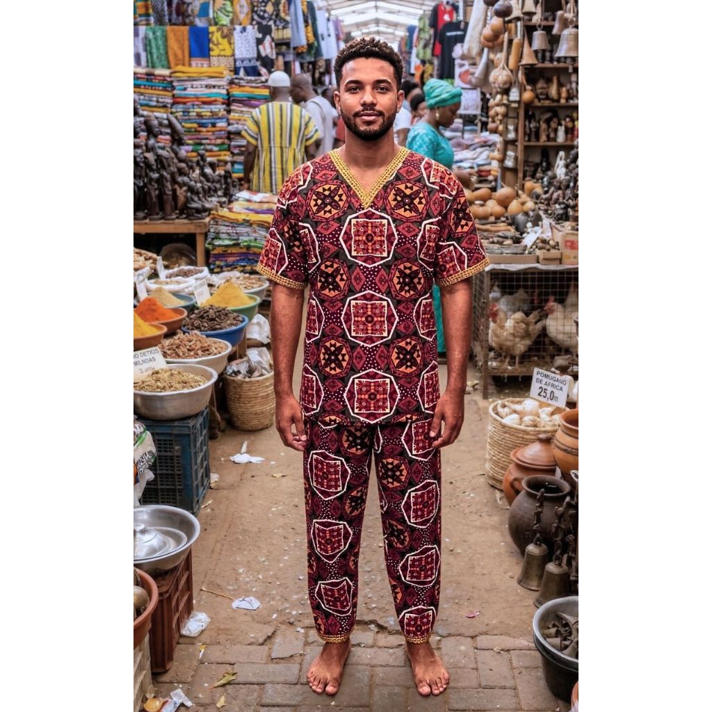 Conjunto Masculino Estampado Oxford Colorido Magia Umbanda Candomblé Étnico Orixá