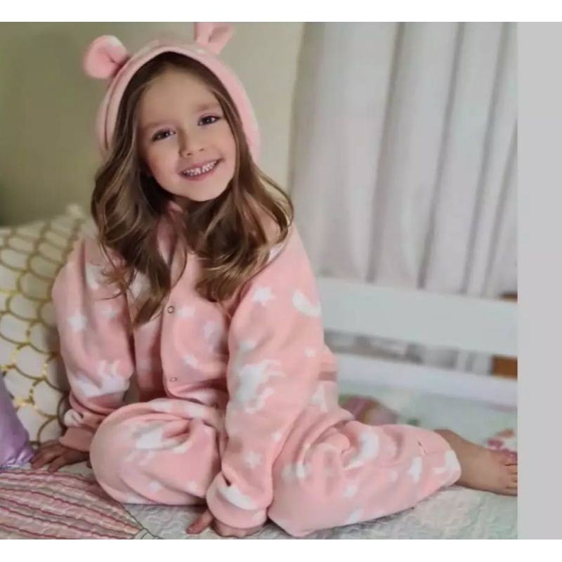 Pijama Infantil Feminino Soft Fleece Inverno Com Capuz Ursinho Quentinho Menina Roupa de Dormir Infantil