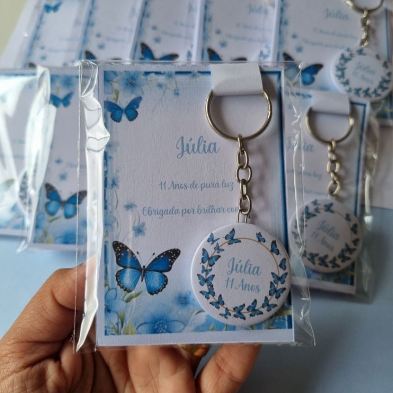 kit Lembrancinha Aniversário Borboleta Azul Bloquinho + Chaveiro Personalizado Nome e idade da Aniversariante 15 Anos