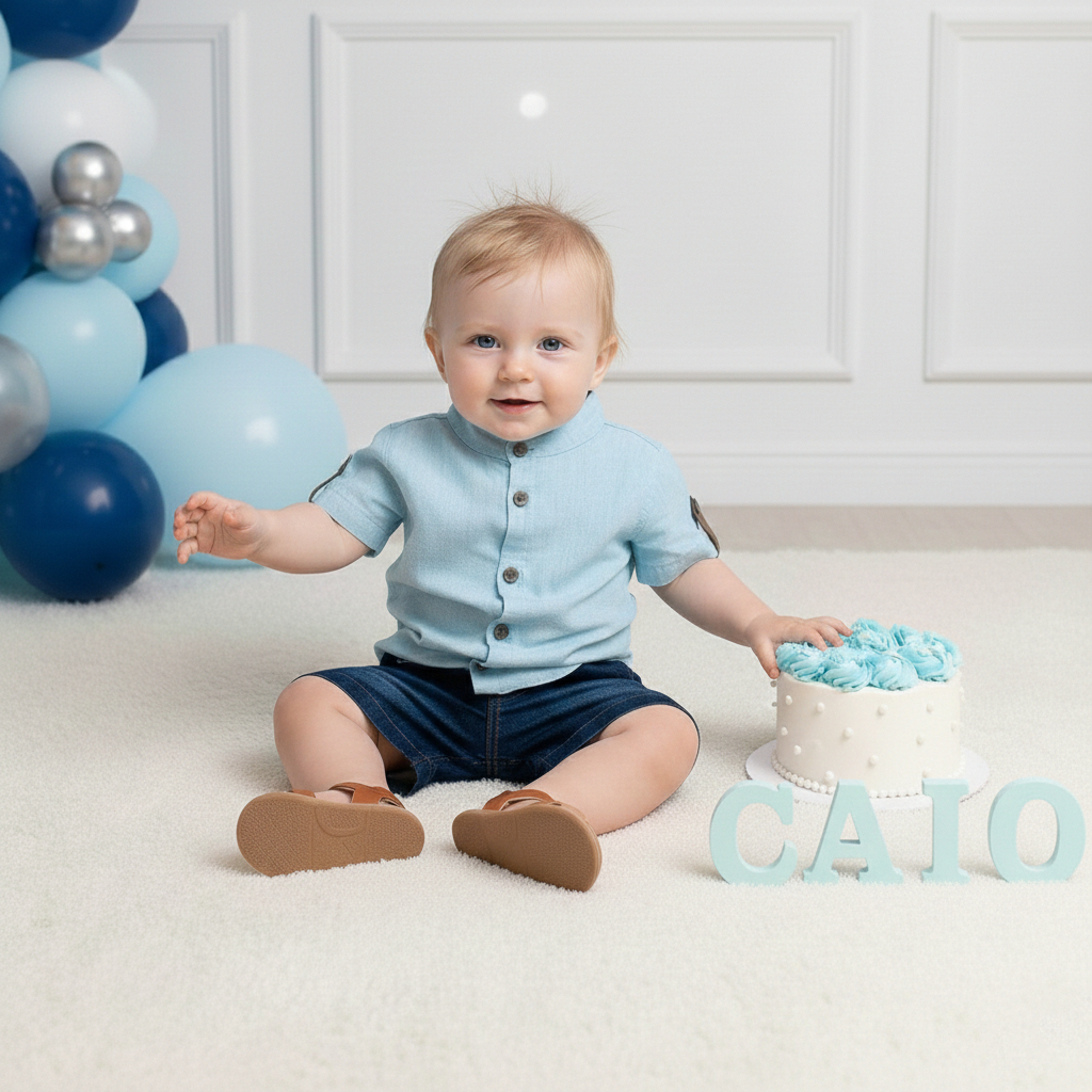 Camisa Social Menino Bebê Conjunto Azul Shorts Jeans Roupa Infantil Estilo Moderno