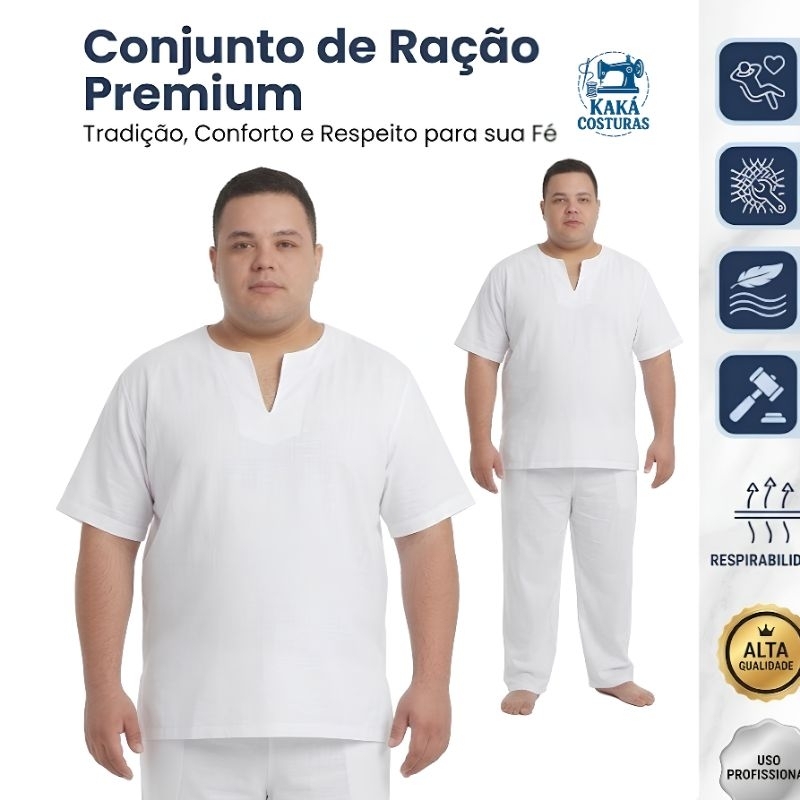 Conjunto Plus Size Umbanda e Candomblé Roupa de Ração Masculina Camisa e Calça. Confortável Branco