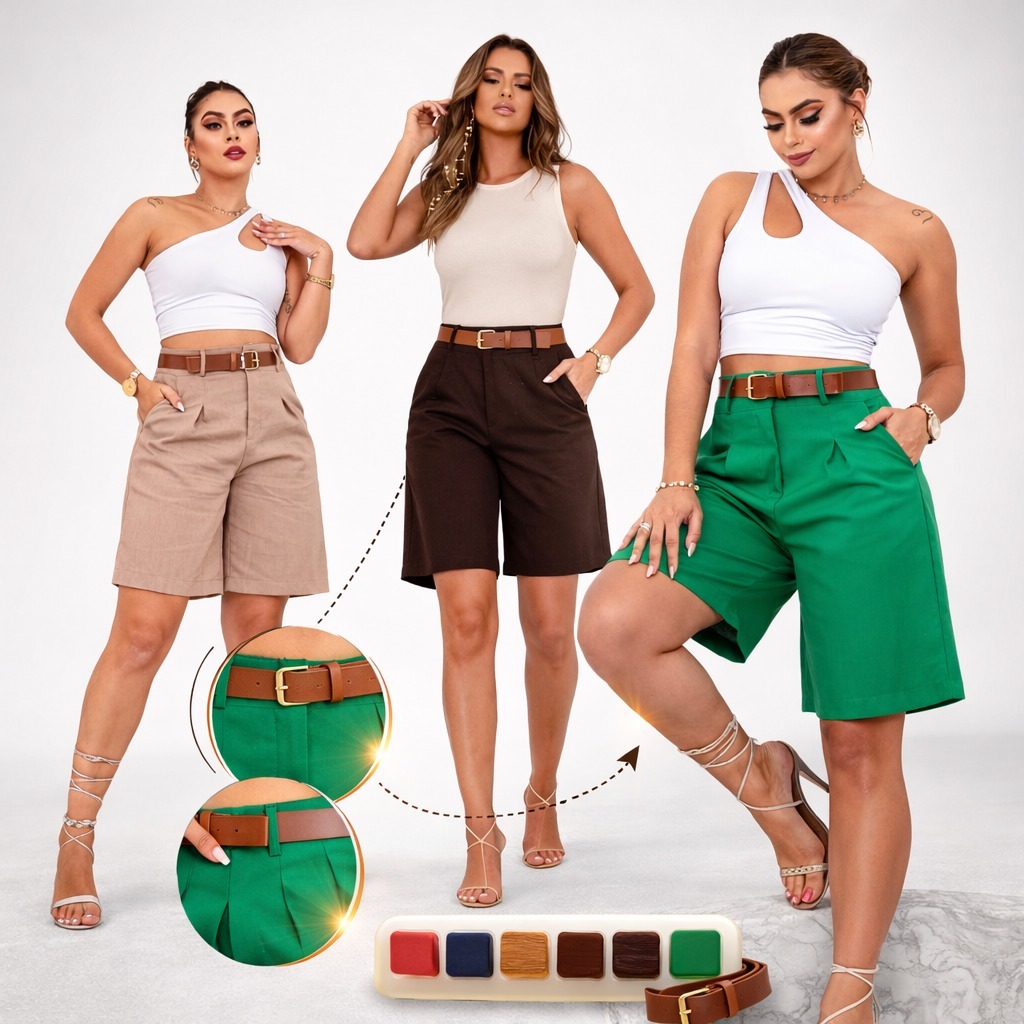 bermuda alfaiataria feminino  com cinto Shots Social linho Moda Feminina P, M, G, GG, G1, G2 em Oferta na Shopee
