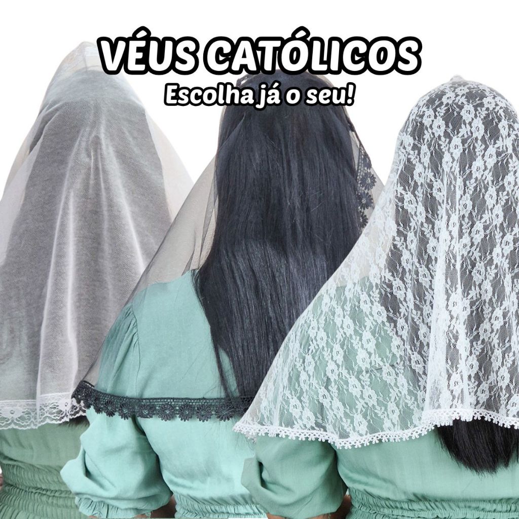 Véu Católico para Missa Tule Filó, Francês Transparente, Poá ou Luxo Renda Floral Branco e Preto