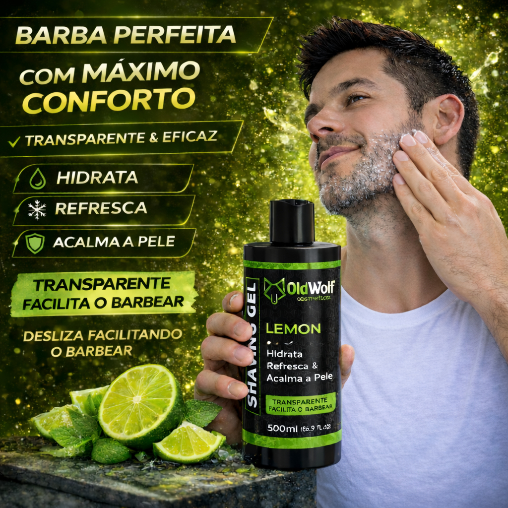Shaving Gel 500ml OldWolf Menthol Lemon Transparente Profissional Para Barba Pezinho Contorno Navalhado Barber kit 1 a 2