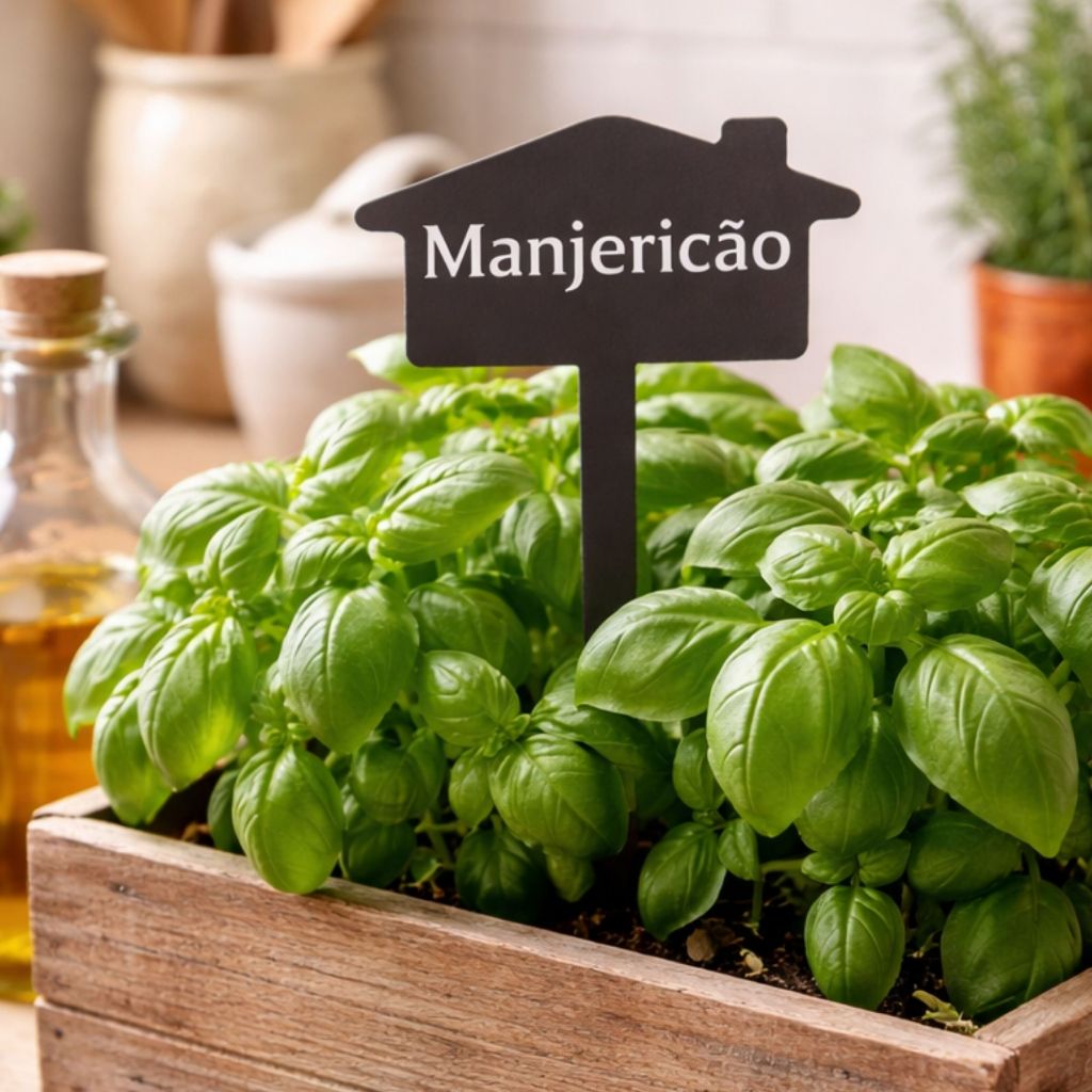 Plaquinha Identificadora para Plantas Manjericão – Marcador Decorativo para Horta, Vaso e Jardim em Aço