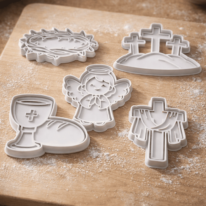 Cortador de Biscoito Páscoa Kit 5 Peças Religioso com Marcador – Moldes para Biscoito Personalizado Anjo Cruz Cálice