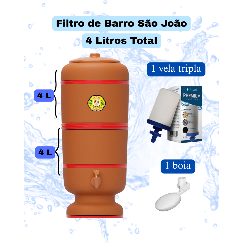 Filtro de Barro São João Tradicional 8 Litros - Total 8L (4L+ 4L) com vela tripla Oasis e Boia