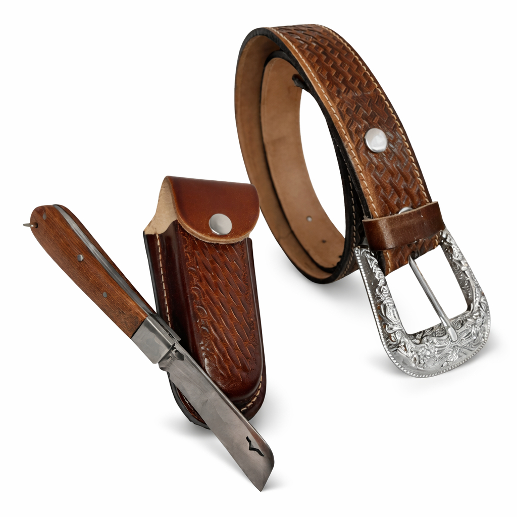 Kit Canivete com Capa Cinto Country em Couro Legítimo Aço Inox