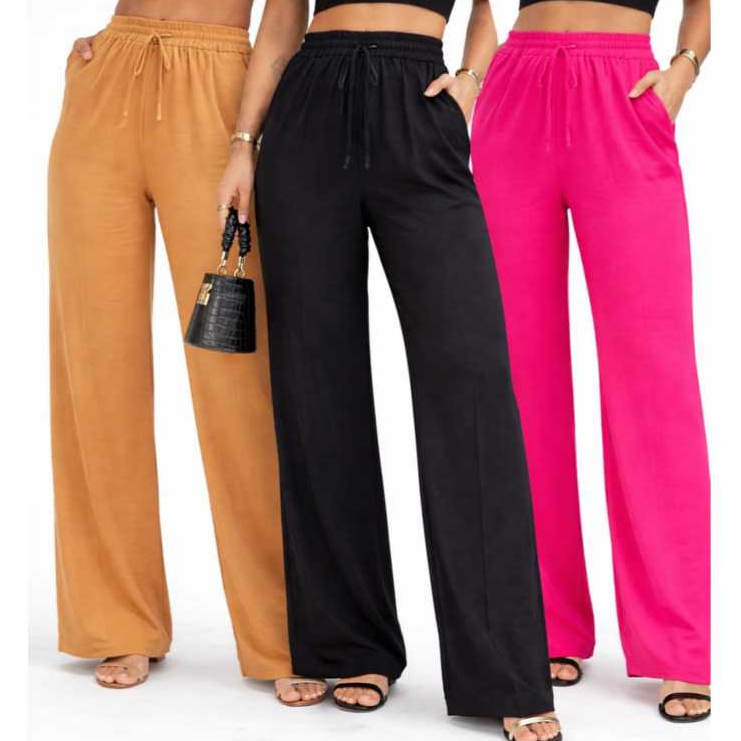 Calça Pantalona Duna Feminina Wide Leg Cintura Alta Com Bolso Casual Elegante em Oferta na Shopee