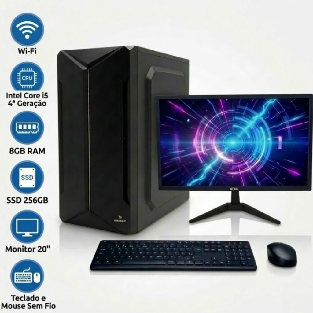 Computador Intel I5 8GB SSD 256GB Desktop Completo Monitor 20" Wi-fi com Teclado e Mouse Sem Fio