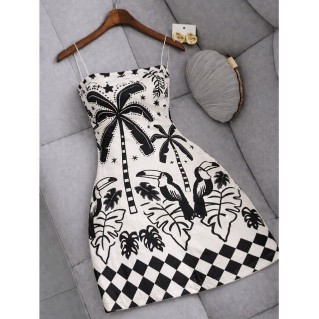 Vestido Feminino Ajustado Curto Tropical Preto e Branco com Estampa de Coqueiro e Tucano Alcinha Fina Verão Casual Praia em Oferta na Shopee