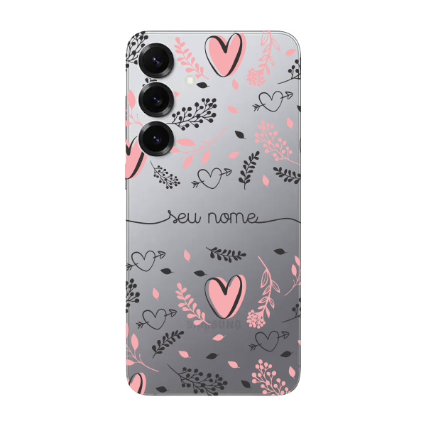 Capinha para Samsung S25 Plus Anti Impacto Personalizada - Coração e Folhas rose com nome