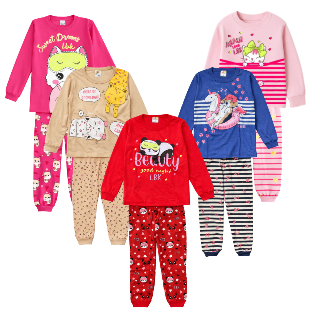 Kit estampado pijama infantil 2 conjuntos frio manga longa inverno calça e blusa menina criança