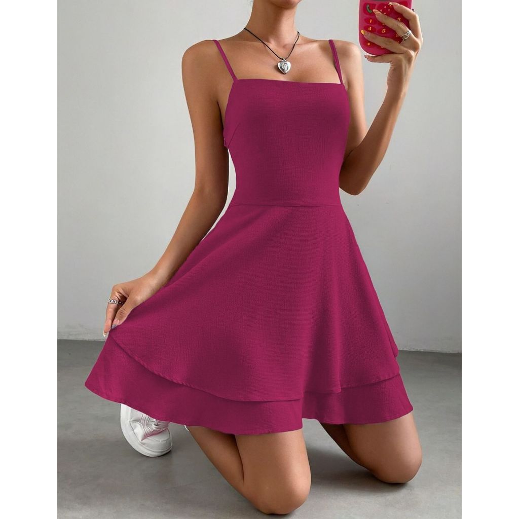 Vestido Feminino Curto Costas Nuas Alça Fina Babado Decote Quadrado Rodado em Oferta na Shopee