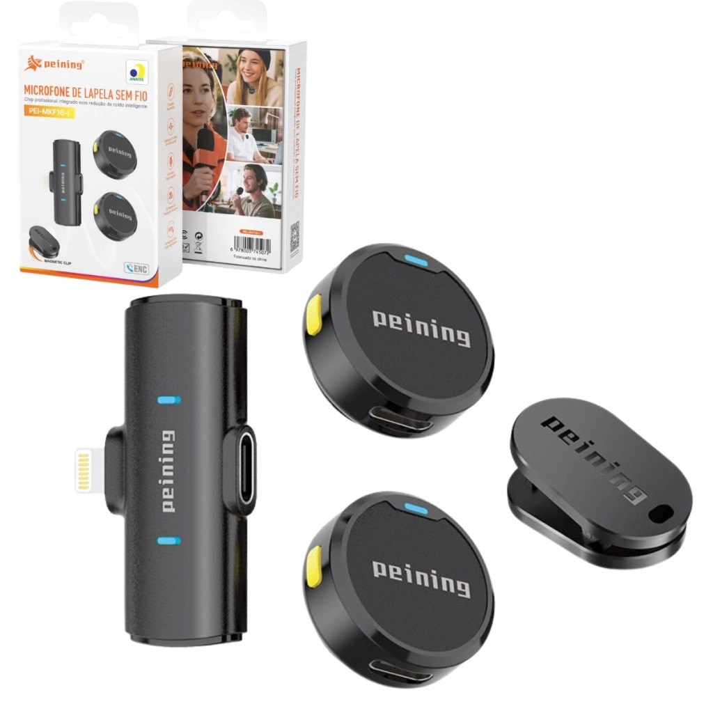 Microfone Lapela Sem Fio Duplo peining Profissional Portátil Imã Redondo Anti Ruído Tipo C iPhone