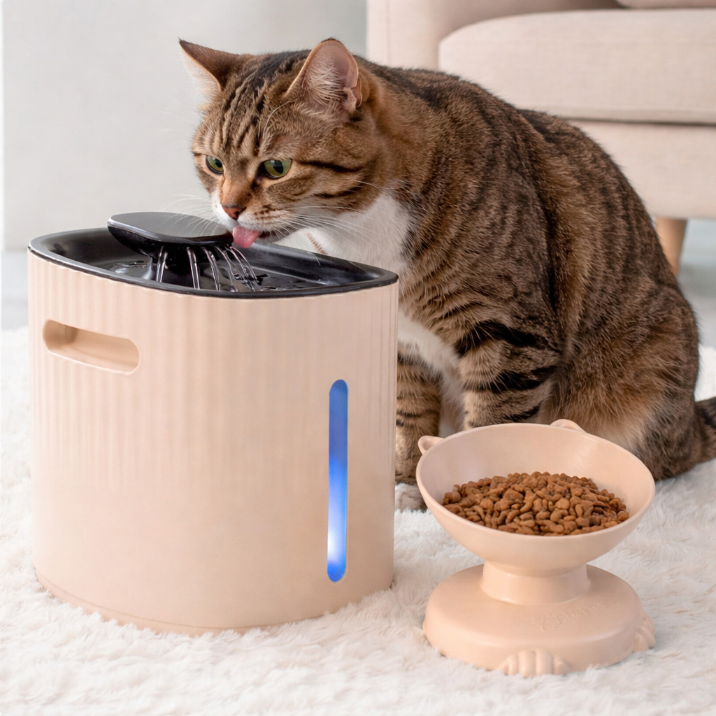 Kit Fonte para Gatos com Filtro 1,6L LED + Comedouro Elevado Bebedouro Pet Silencioso USB