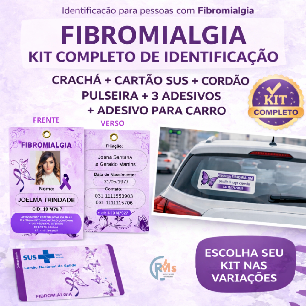 KIT CRACHÁ+SUS FIBROMIALGIA /KIT DE IDENTIFICAÇÃO FIBROMIALGIA PLASTIFICADO COM CORDÃO PULSEIRA ADESIVO PARA CARRO em Oferta na Shopee