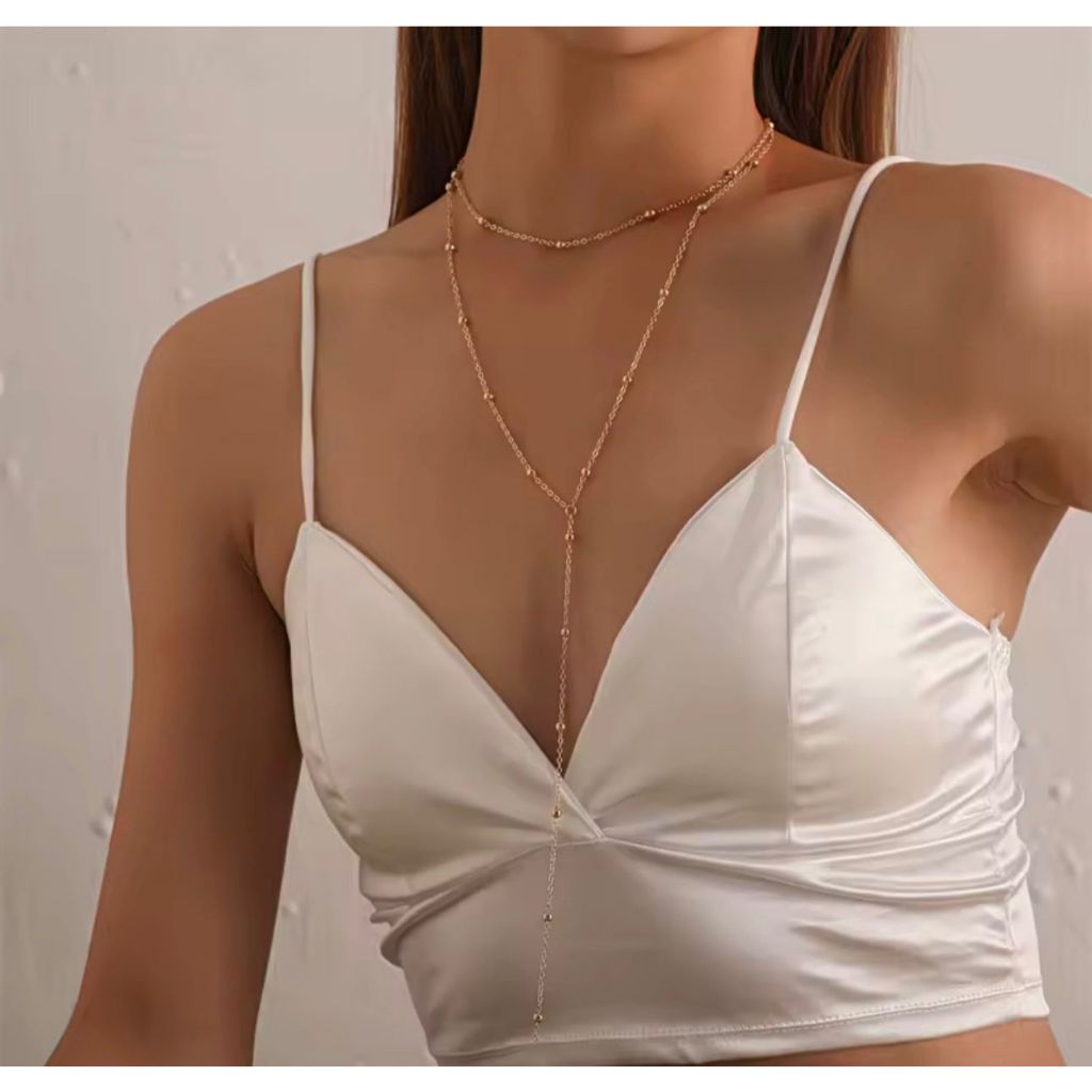 Colar Feminino Gravatinha Duplo Dourado C/ Bolinhas Delicado