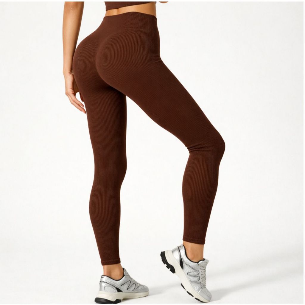 Calça Legging Canelada Sem Costura Cintura Alta Zero Transparência Academia Fitness Yoga Elástica Feminina Poliamida