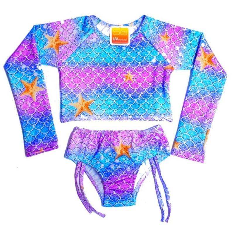 Biquíni Manga Infantil Proteção Solar UV Cropped Menina Sereia Unicórnio