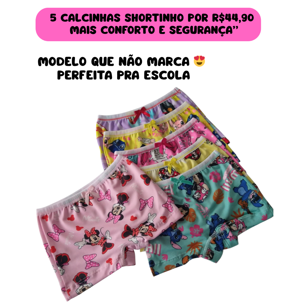 Kit 5 Calcinhas Box shortinho Infantil Menina Confortável  Roupa Íntima Criança Desfralde Bebê
