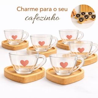 Jogo de Xícaras para Café Cafezinho com Pires de Madeira Coração Cantinho do Café Kit Presente em Oferta na Shopee