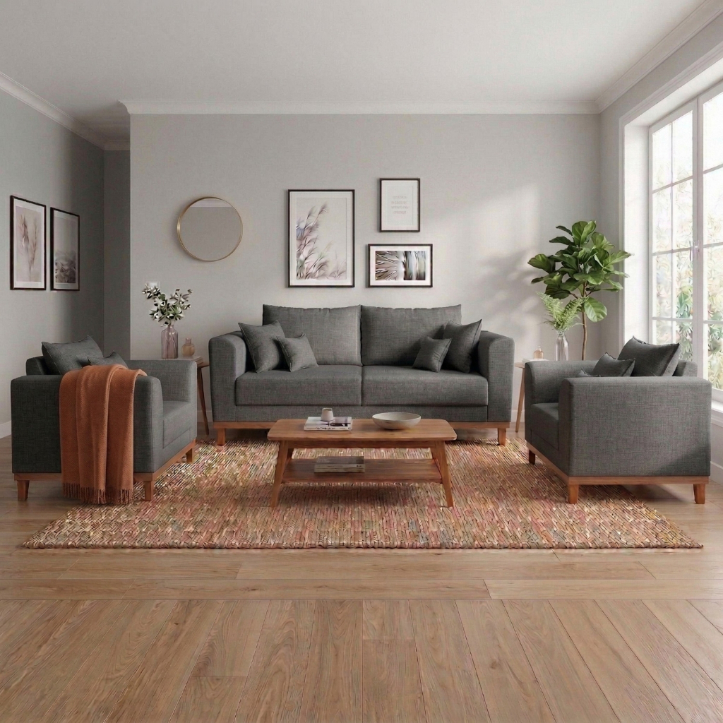 Kit Sofá 3 Lugares e Poltronas Sala de Estar Beny Linho Grafite Madeira Estofados