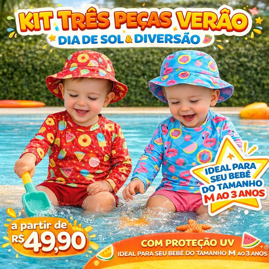 kit Bebê Blusa com Proteção Solar UV+Tapa Fralda(Calcinha do biquini) e+Chapéu- Moda Praia e Piscina Menina M ao 3