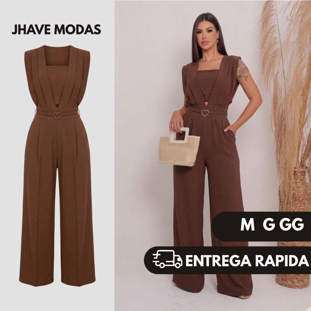 Macacão Feminino Longo Social Elegante Luxo Com Top Bolso Cinto Tecido Duna tamanho M G GG