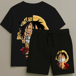 Camiseta e Bermuda Luffy Sorriso Conjunto Masculino T-shirt Estampa Shorts Blusa Do Tamanho 2 ao 16