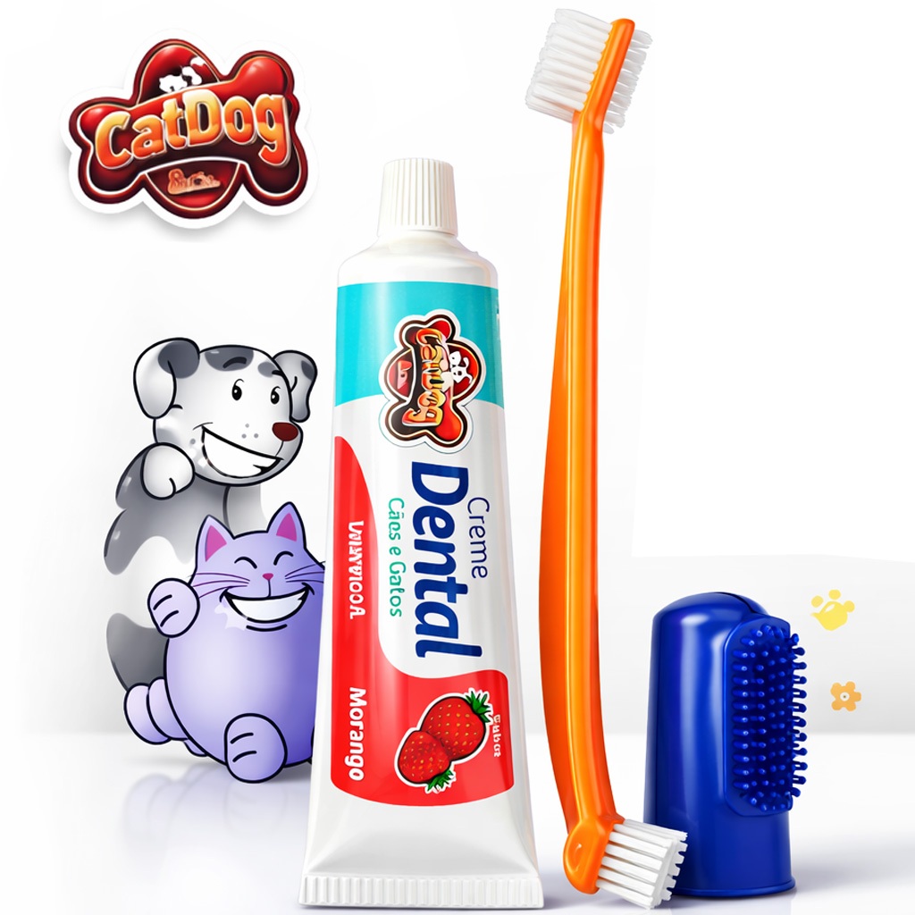 Kit Higiene Bucal Pet Completo Creme Dental 90g + Escova Dupla + Dedeira Anti Tártaro