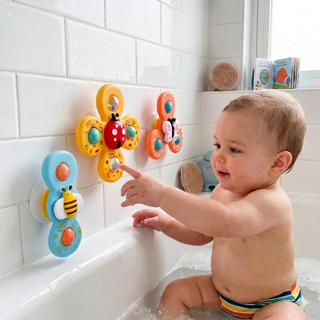 Kit 3 Brinquedos Sensorial Bebê Chocalho Ventosa Giratória Spinner Som Banho Infantil Educativo