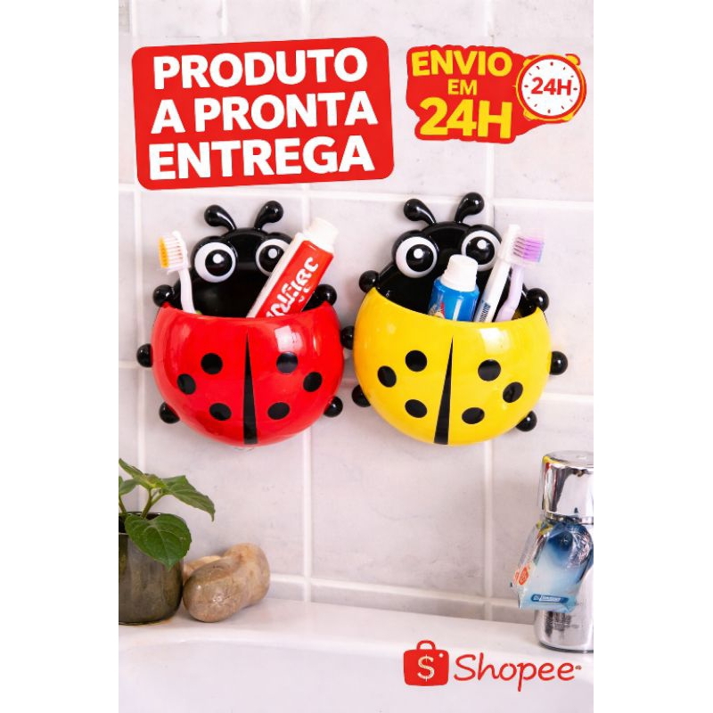 KIt 1 ou 2 Unidades  de Porta Escova e Pasta De Dente Joaninha Com Ventosa de Parede COR VERMELHA