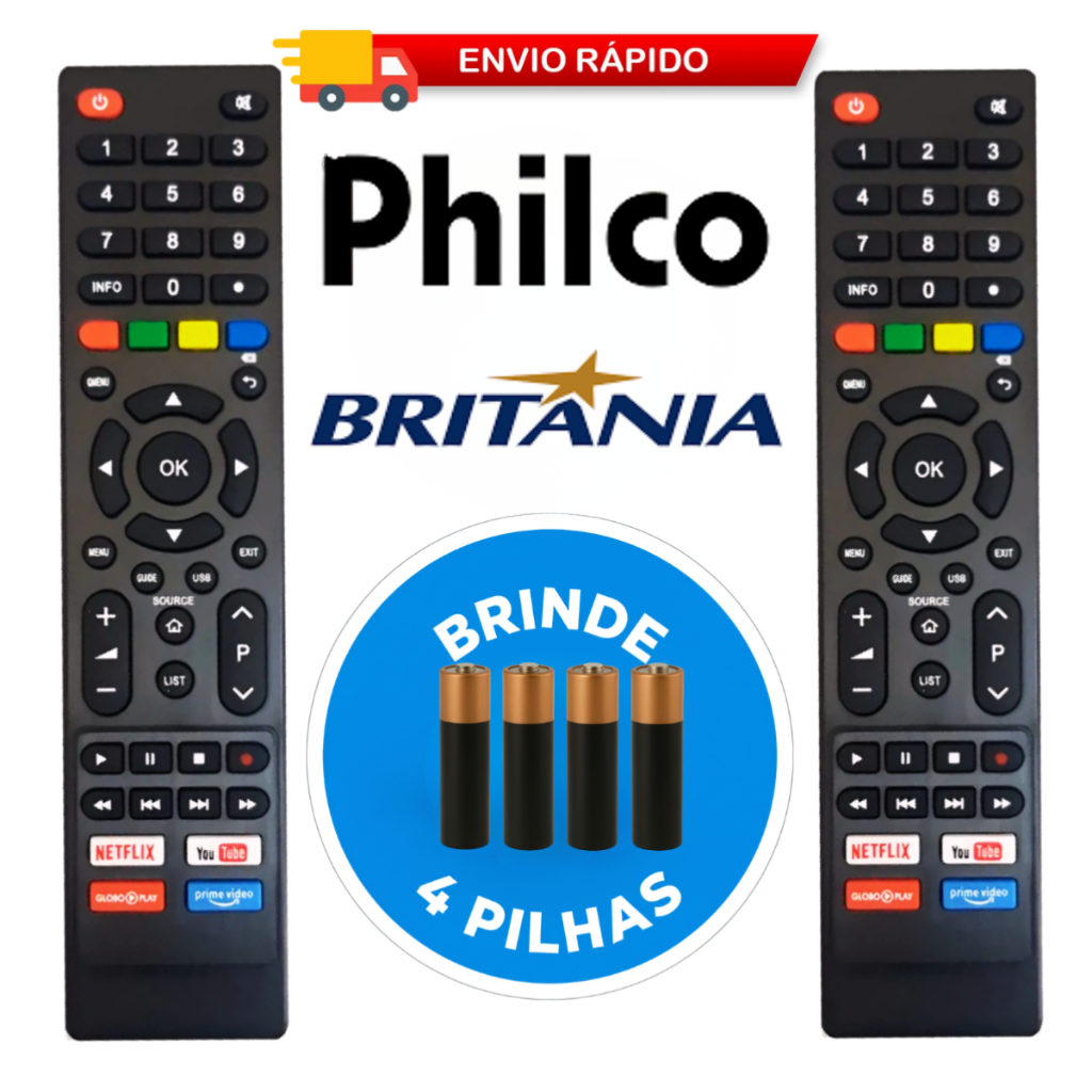 Kit Controle Remoto TV Philco e Britânia Smart Compatível com Teclas Netflix, Globoplay, YouTube em Oferta na Shopee