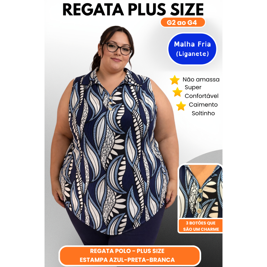 Regata Feminina Plus Size G2 ao G4 Não Amassa Malha Fria Confortável Estampadas Moda Fashion