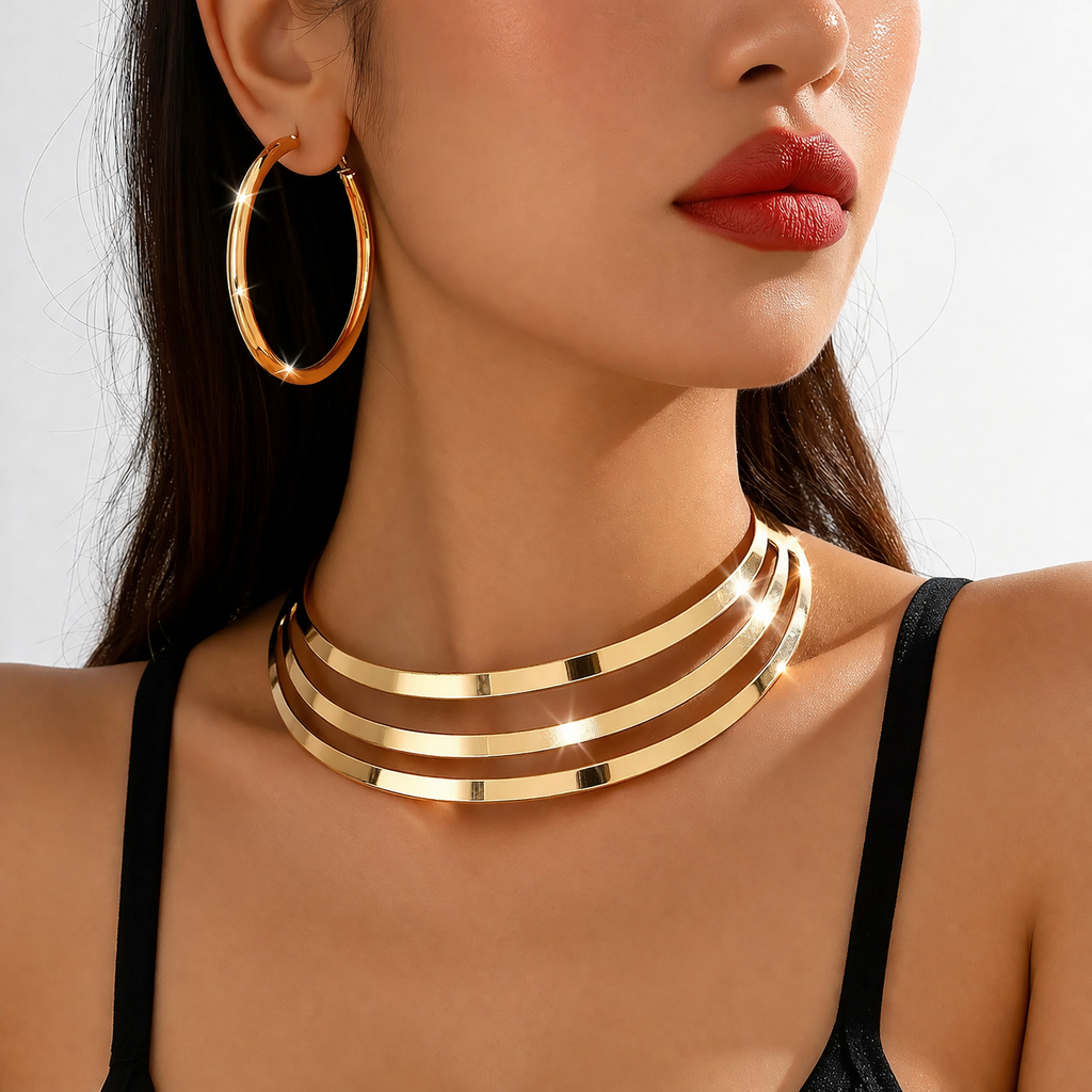 Conjunto de Colar Choker + Brincos Argola Banhados a Ouro 18K A Prata 925 Feminino Luxo Elegante Premium