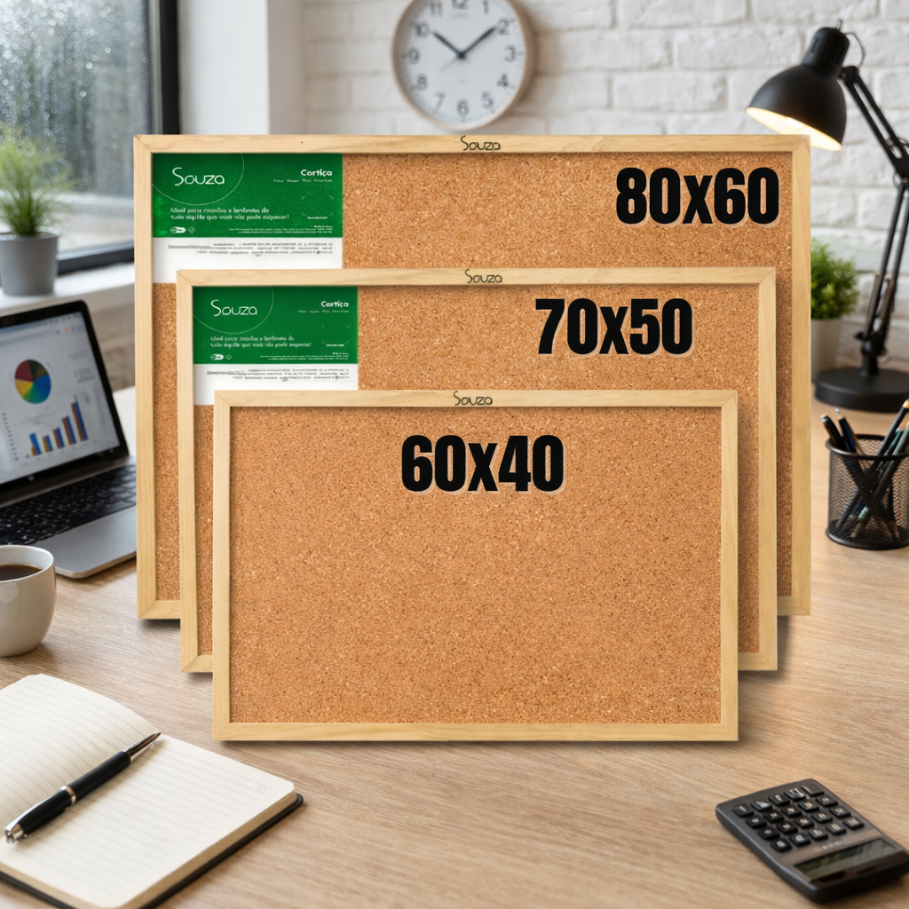 Quadro De Aviso Cortiça Madeira Souza 80x60cm +50 Alfinetes outros tamanhos