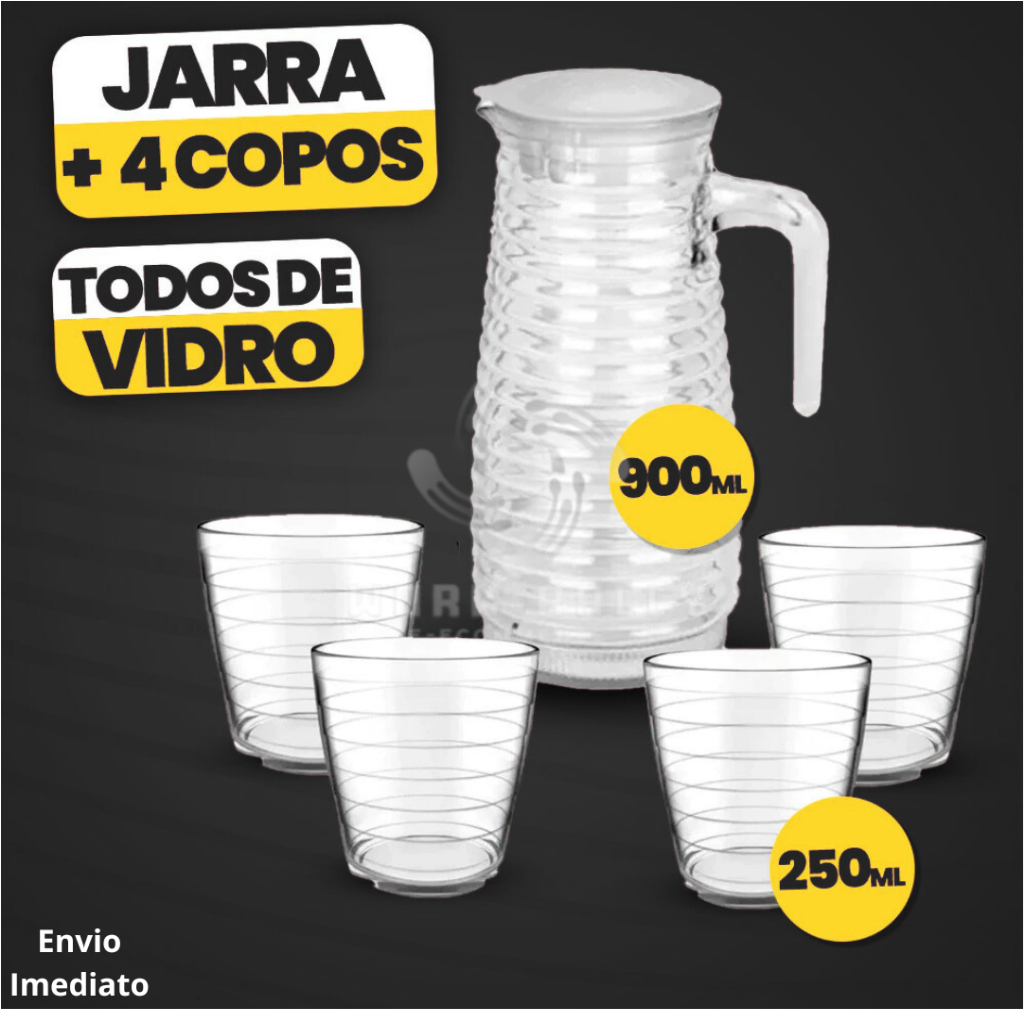 Kit De 1 Jarra de Vidro 900ml + 4 Copos de Vidro 250ml