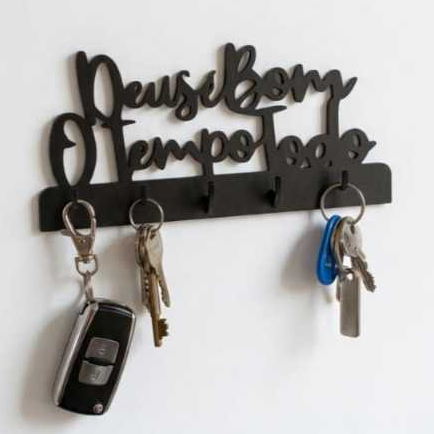Porta Chaves Deus É Bom O Tempo Todo MDF 6mm Reforçado - Suporte Parede 5 Ganchos Premium 20x9,5cm