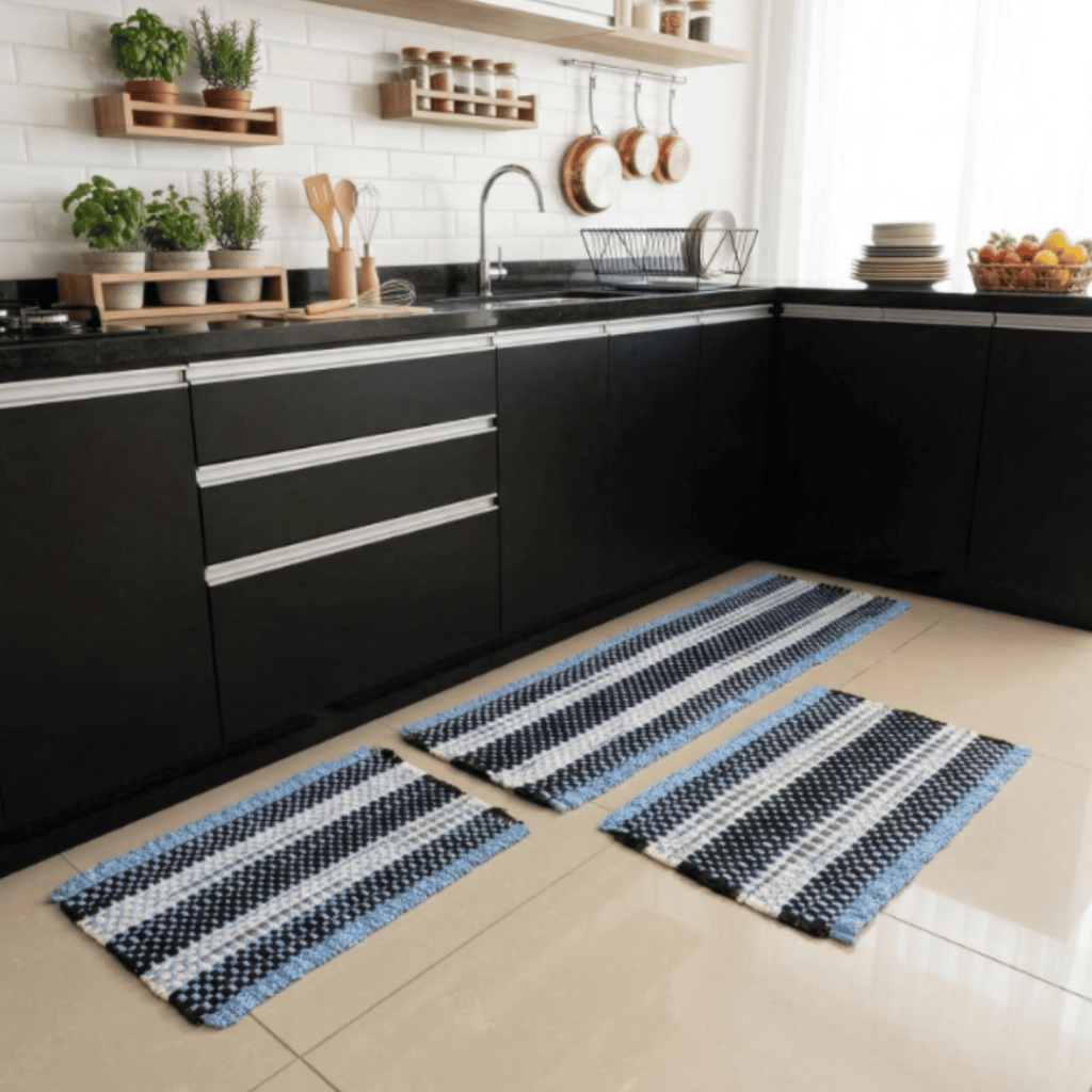 Kit Jogo de Tapetes 3 peças Para Cozinha ou Quarto 2 Tapetes 35x60 + 1 Passadeira 35x1.20 Tear Artesanal Fibra Sintética