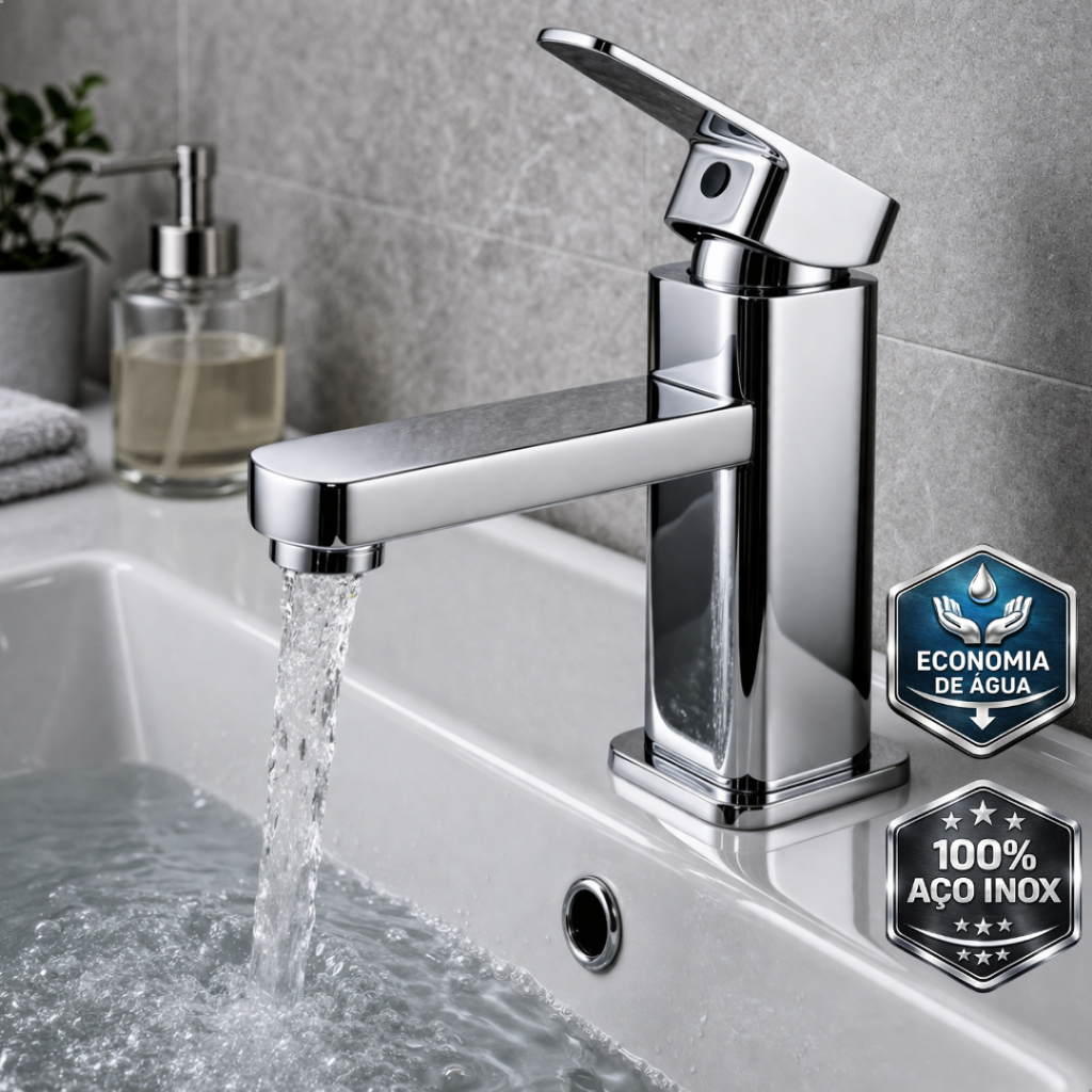 Torneira Para Pia de Banheiro Monocomando Torneira Bica Baixa Aço Inox Metal Água Quente e Fria