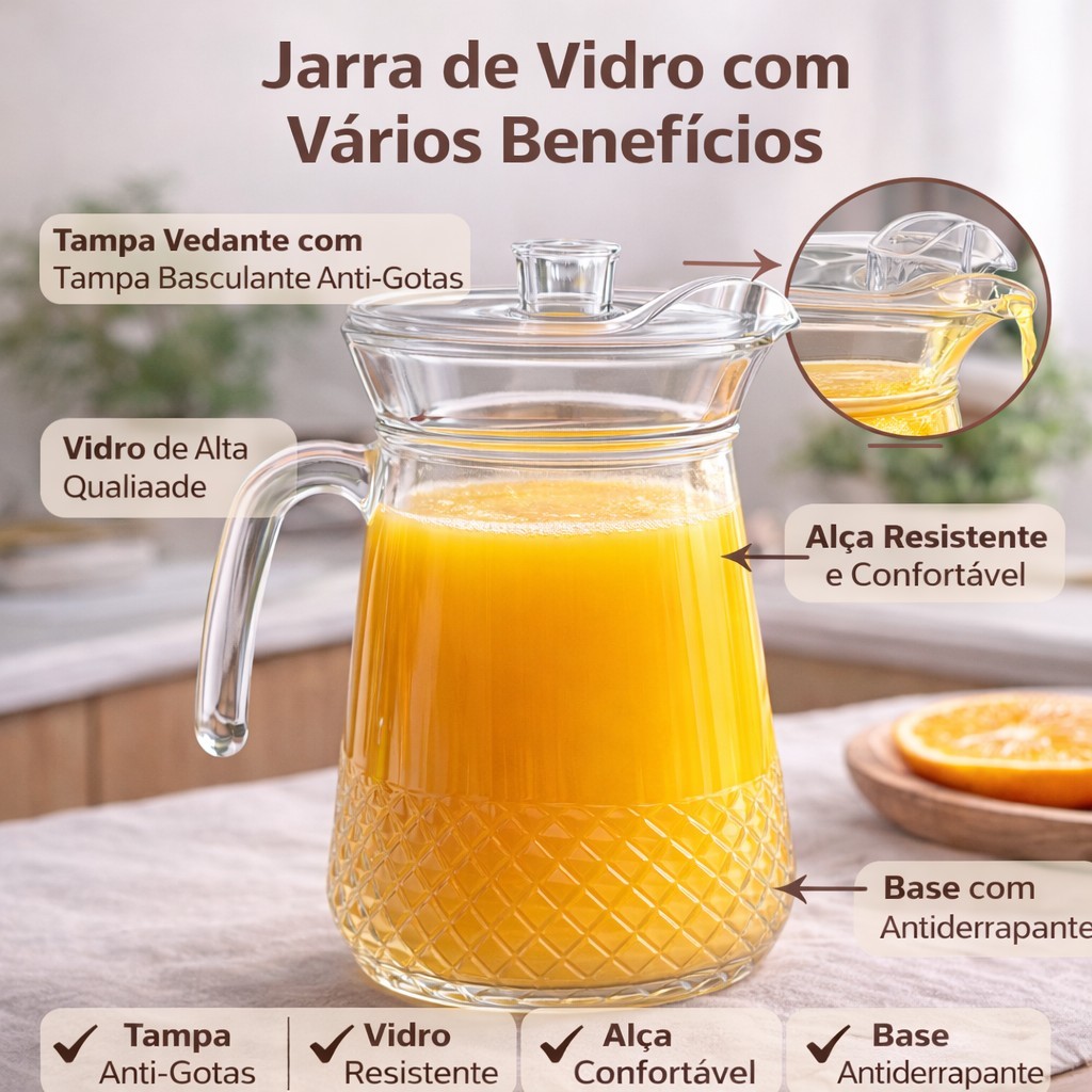 Jarra de Vidro 1,3L com Tampa Plástica Transparente Resistente Elegante para Suco Água Mesa