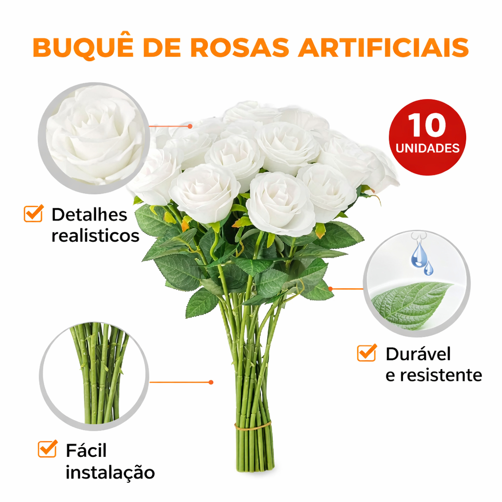 Kit 10 Rosas Artificiais Brancas Aveludadas | Flores Decorativas para Arranjos, Festa e Decoração