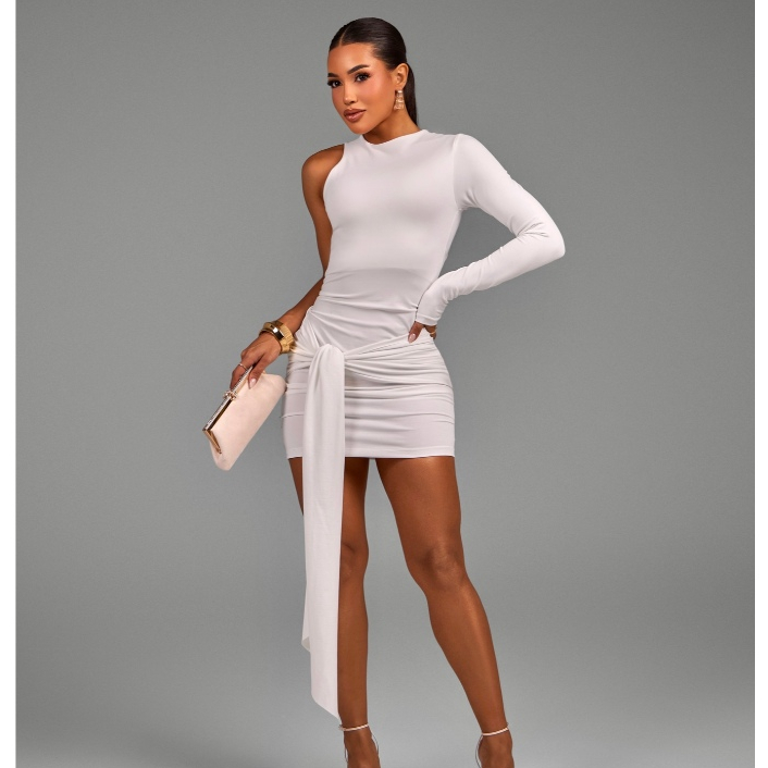 Vestido Arman curto assimétrico manga longa mula manca com detalhe de nó babado na saia moda feminina tecido suplex em Oferta na Shopee