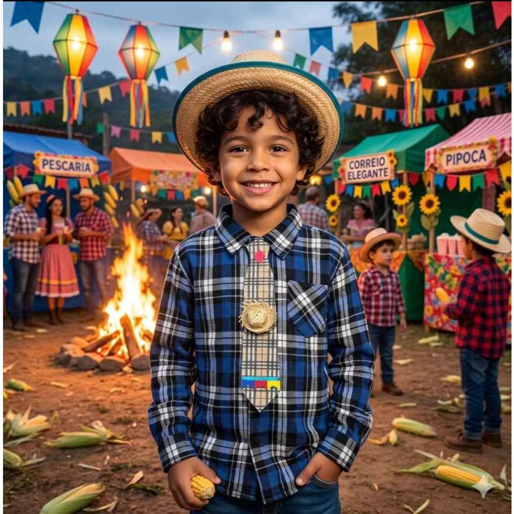 CAMISA FESTA JUNINA INFANTIL QUADRILHA SÃO JOÃO COM CHAPÉU E GRAVATA ENVIO JÁ
