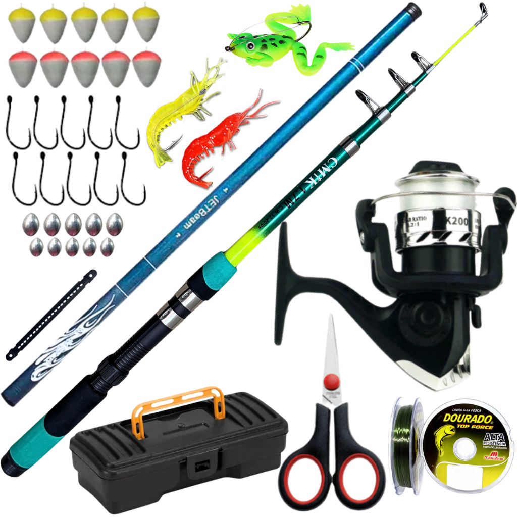 Kit Molinete de Pesca Vara Telescopica Mão 3,60 Caniço Presente Marido Pai Isca Artificial Completo