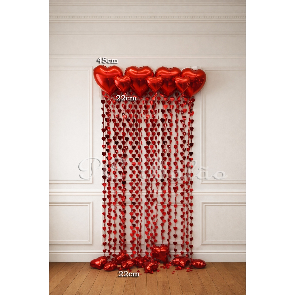 Kit 15: Balão Metalizado 4 Coração 45cm 10 Coração 22cm 1 CORTINA CORAÇÃO TUDO VERMELHO NAMORADO MÃE