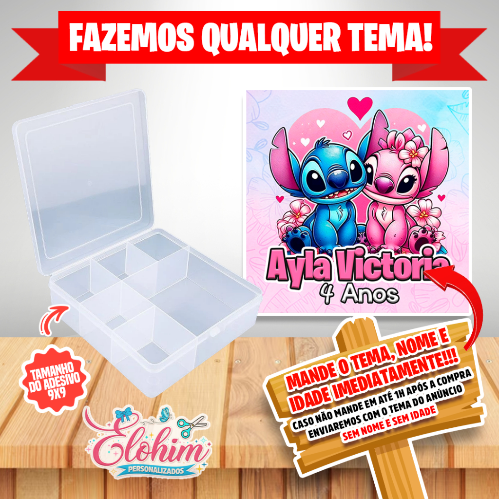 Rótulo Adesivo para personalizar Caixa Organizadora 11x11 - Stitch e angel