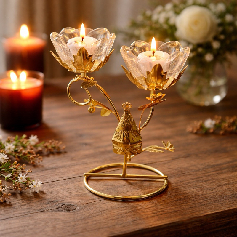 Castiçal Nossa Senhora Aparecida Flor 17,5 cm Dourado com Vela em Metal Enfeite Porta Vela Decorativo