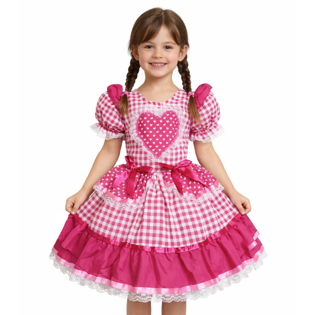 Vestido Festa Junina Menina Pink Rosa Xadrez Quadrilha Rodado Caipira Luxo São João 2026